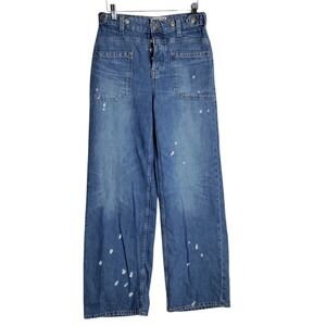We The Free People High Rise Wide Leg Bleach Splatter Jeans Blue 25 Button Fly
